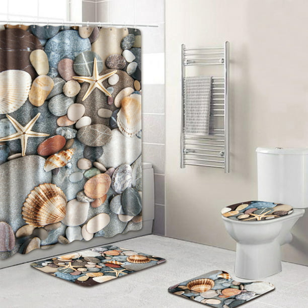 4Pcs/Set Bathroom Non-Slip Pedestal Rug+Lid Toilet Cover Bath Mat+Shower Curtain